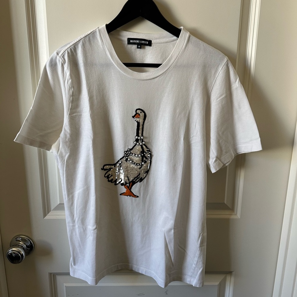 Markus Lupfer Women Alex Pearl Sequin Goose Cotton T-Shirt In White Sz M